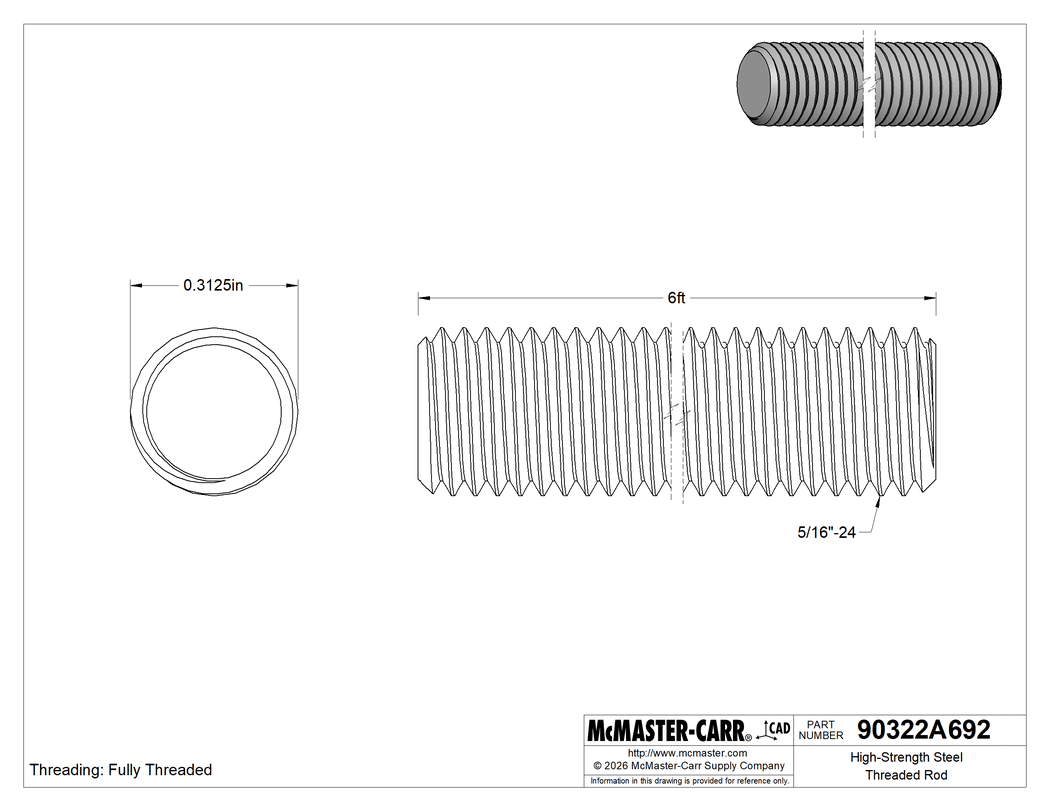 Technical Drawing of High-Strength Steel Threaded Rod, 5/16"-24 Thread Size, 6 Feet Long.